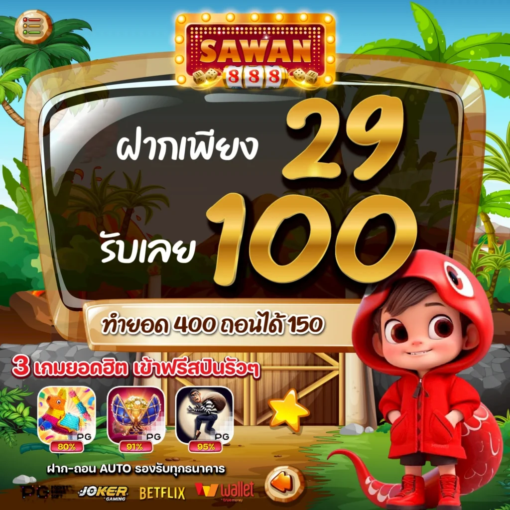 โปรสล็อตทุนน้อย 29 รับ 100 SAWAN888 ล่าสุด 2025 โปรทุนน้อย สล็อตทุนน้อย